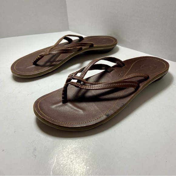 OluKai Shoes - OLUKAI womens brown leather strappy thong sandals beach lake boating flip flop